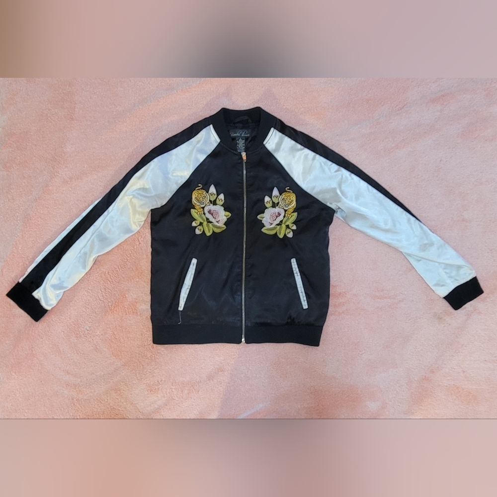 Brandon Thomas Black and White Bomber Jacket with Floral Embroidery